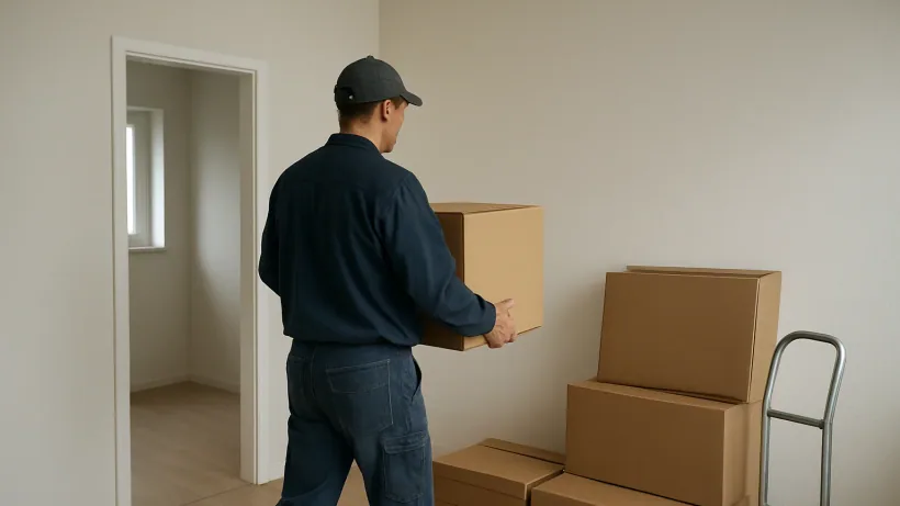 Radnik nosi kutiju uz naslagane pakete prije montaže IKEA namještaja