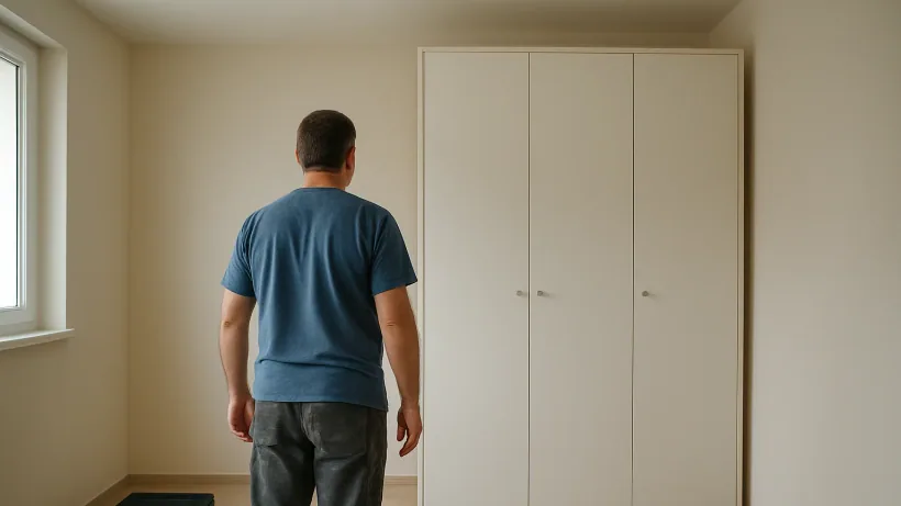 Radnik s leđa gleda složen ormar nakon montaže ormara